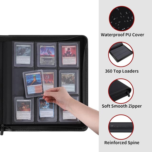 Detalle de Snekdy Top Loader Binder (9 Pockets) for 3 x 4 inch Cards, Holds 360 Top Loaders, Black PU Leather Zipper Binder
