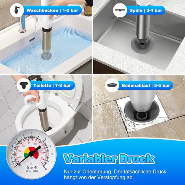 Detalle 2 de Turstand Druckluft-Abflussreiniger mit Pumpe, integriertem Druckanzeiger und 4 Saugnäpfen (dunkelgrün)
