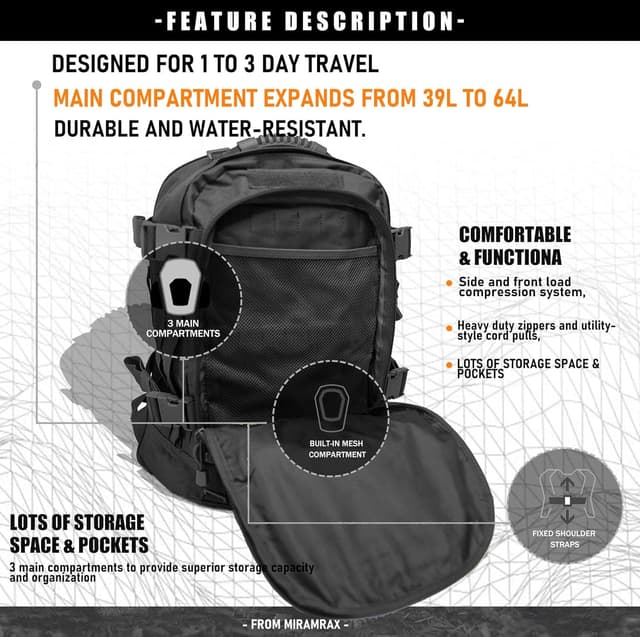 Detalle 2 de Miramrax Tactical Backpack Military Army Daypack (MOLLE) — Expandable 3-Day Assault Pack for Hiking, Camping & Travel