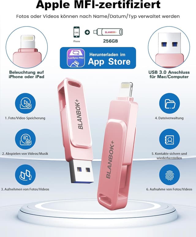 Detalle de BLANBOK+ MFi-zertifizierter 3-in-1 USB-Stick (Lightning/USB-C/USB) für iPhone, iPad, Android & PC – 256 GB, rosa