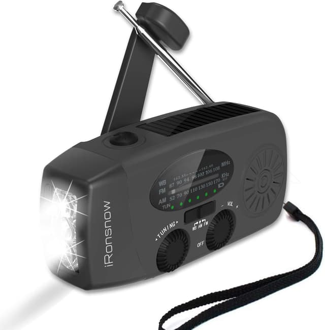 Detalle de iRonsnow 2000mAh wind-up solar emergency crank weather radio (NOAA/FM/AM) with torch & USB-C phone charging
