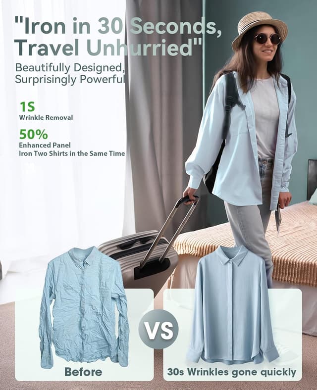 Detalle de Jack & Rose dual-voltage travel clothes steamer (100–240V) with 15s heat-up and 2-in-1 dry/wet ironing