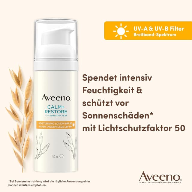 Detalle de Aveeno CALM+RESTORE Hafer Tagespflege LSF 50 (50 ml) – Breitband-Spektrum UVA/UVB, parfümfrei