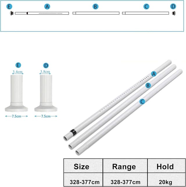 Detalle de Tringle à rideau télescopique 328–377 cm sans perçage, tige acier inox 32 mm (blanc) 92-430