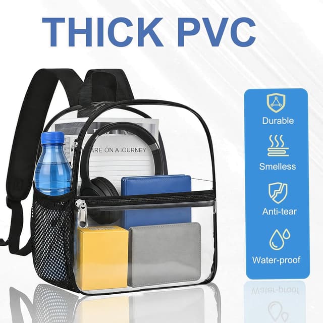 Detalle de Busiuw Clear Stadium Backpack 12x12x6 (Black-Clear) — Small Transparent Event Bag