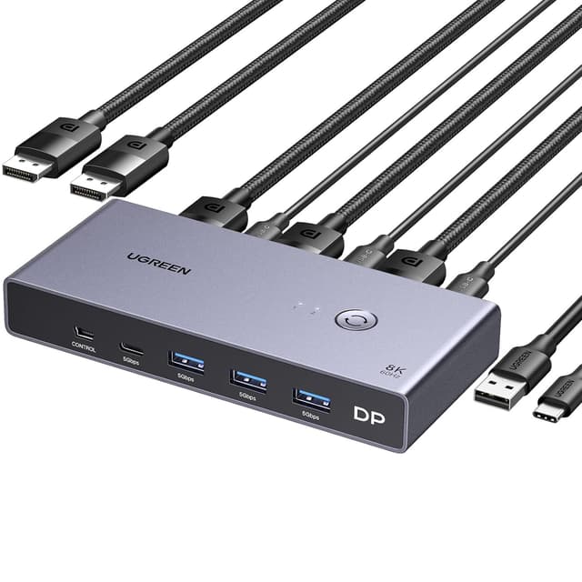Detalle de UGREEN Switch KVM DisplayPort 8K 60 Hz à 2 entrées (DP 1.4) avec 3 USB-A et 1 USB-C