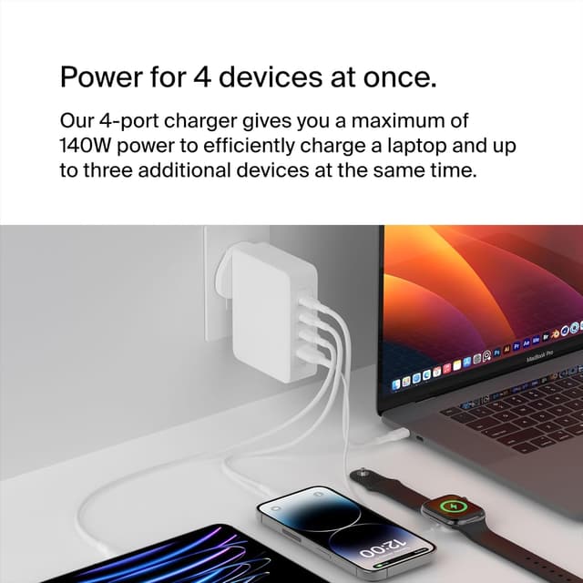 Detalle de Belkin 140W 4-Port GaN Wall Charger — Fast USB-C charger