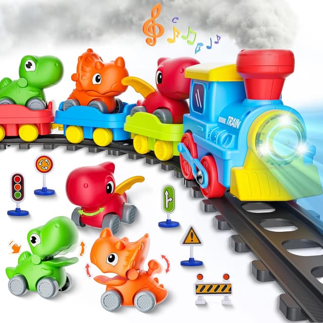 Detalle de Train Set for Toddlers with Steam, Music & Lights — Montessori Electric Train Toy with Dinosaur Cars & Tracks