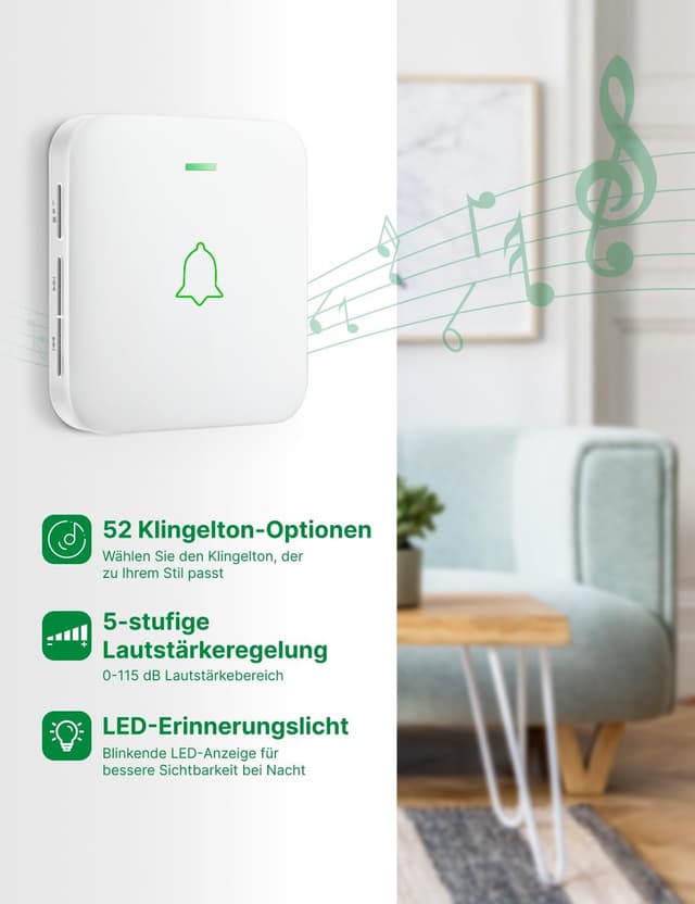 Detalle 1 de AVANTEK Kabellose Türklingel WA-11 (batteriebetrieben, IP55, 52 Melodien, 300 m)