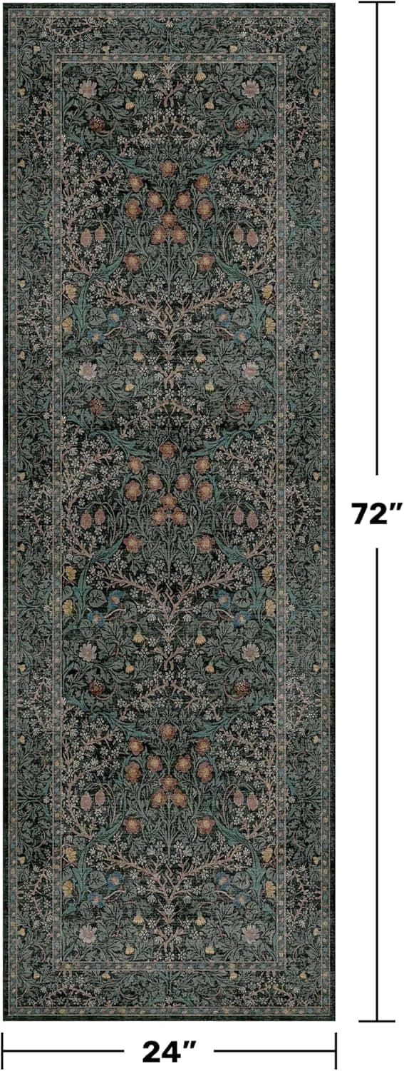 Detalle de Hazo Haus Non Slip 2x6 Kitchen Runner Rug (Washable, Rubber Back) – Boho Vintage Floral Botanical, Dark Green