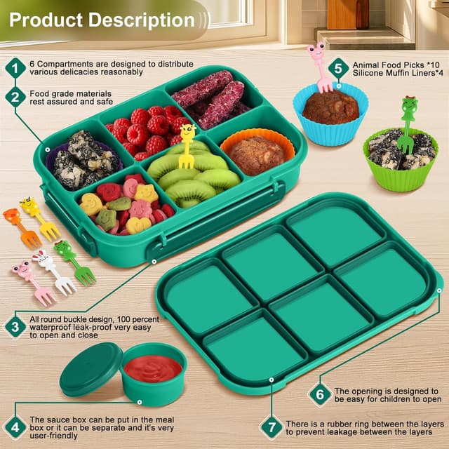 Detalle de Amathley kids bento lunch box with 6 compartments, leakproof divider design and sauce pot (green)