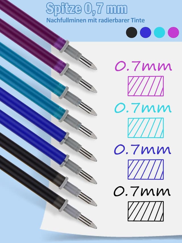 Detalle de Donluhu radierbare Ersatzminen (13 cm) – 0,7 mm Stiftspitze, 12er Pack in Blau/Schwarz/Türkis/Violett