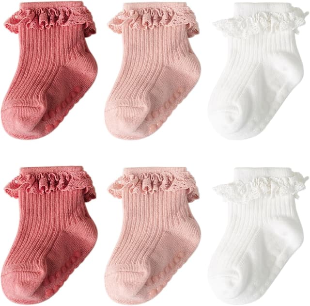 DRESHOW infant ruffle lace non-slip ankle socks (combed cotton-blend) for newborns to toddlers