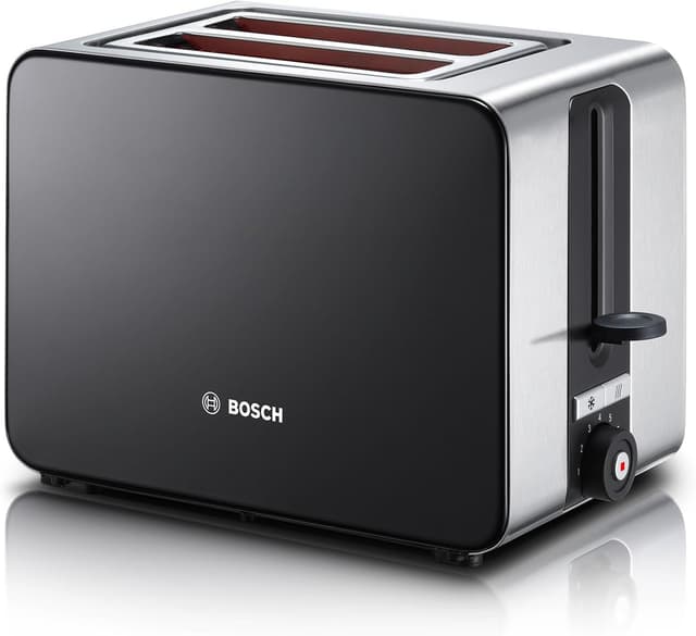 Detalle de Bosch Sky Compact TAT7203GB 2-Slot stainless steel toaster with 7 browning levels, defrost and bun warmer (Black)