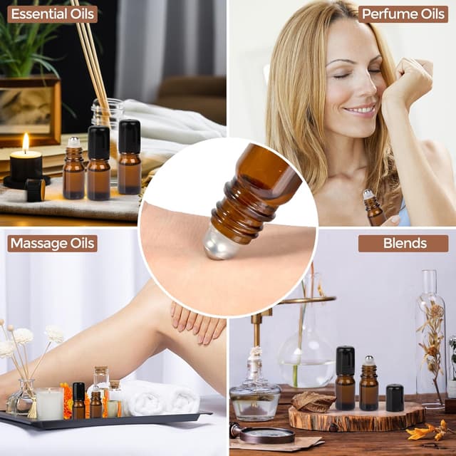 Detalle de Set da 6 flaconi roll-on ComSaf in vetro ambrato con palline per olio essenziale, accessori per DIY, aromaterapia e viaggio
