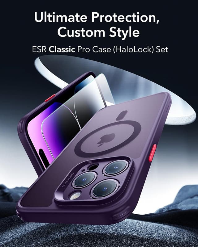 Detalle 2 de ESR Classic Series for iPhone 14 Pro – Translucent Matte Case with Tempered Glass Screen Protector, MagSafe compatible (Frosted Purple)