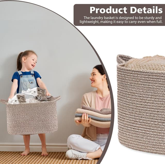 Detalle de Large Foldable Woven Cotton Laundry Basket with Handles (55 × 38 × 30cm) – Brown