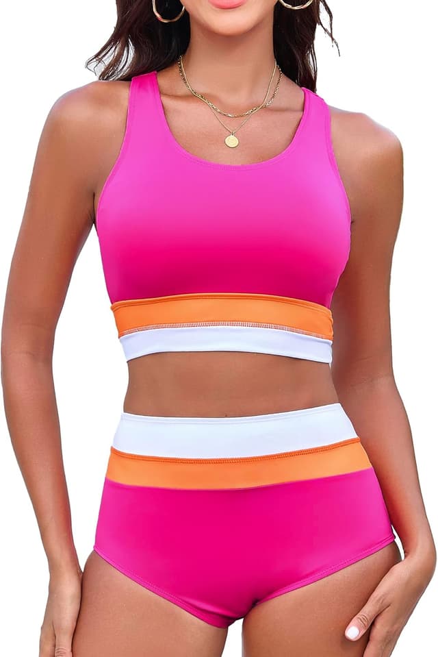 Thumbnail 6 de Dipopinon Women’s High Waisted Bikini Set (Two-Piece) — Color Block Sporty Swimsuit with Moderate Coverage