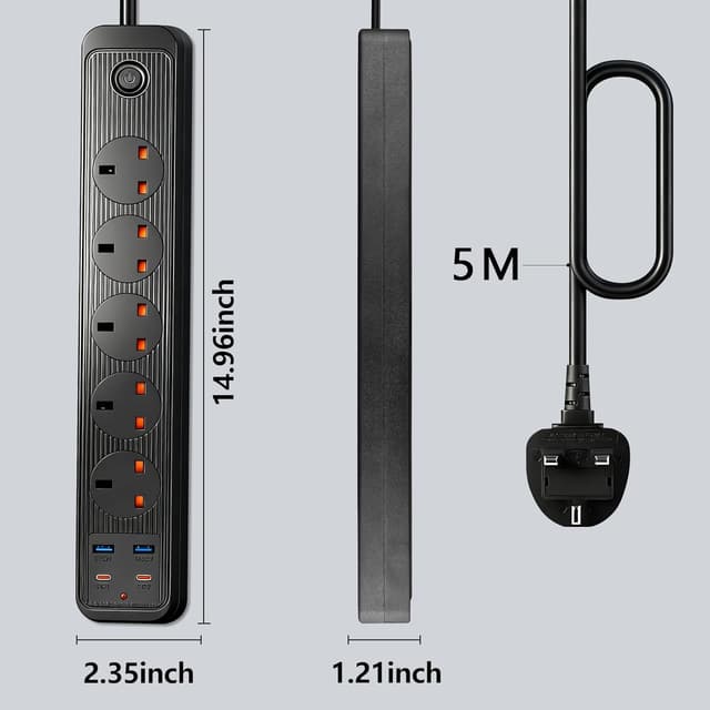 Detalle de 5M Extension Lead with USB Slots (2 Type C + 2 USB) and Overload Protection, 5 Plug Black