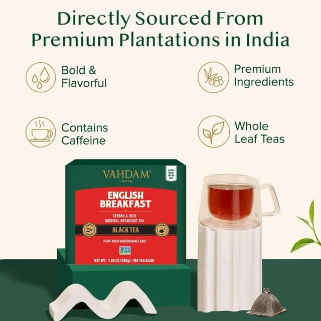Detalle de VAHDAM English Breakfast Schwarz Tee (100 Teebeutel) – kräftiger Schwarztee als Kaffee-Ersatz, glutenfrei