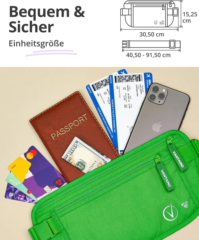 Detalle de Vantamo Bauchtasche Damen ultraflach mit RFID-Schutz – Geldgürtel für Reisen, Laufen & Wandern