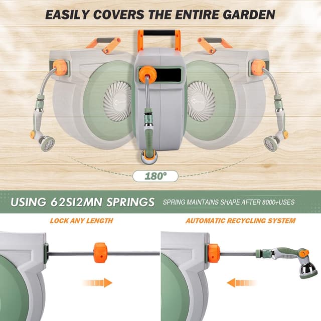 Detalle de Bietor Retractable Garden Hose Reel 38m + 2m (Wall Mounted) with Auto Rewind, Auto Lock and 10-Mode Nozzle