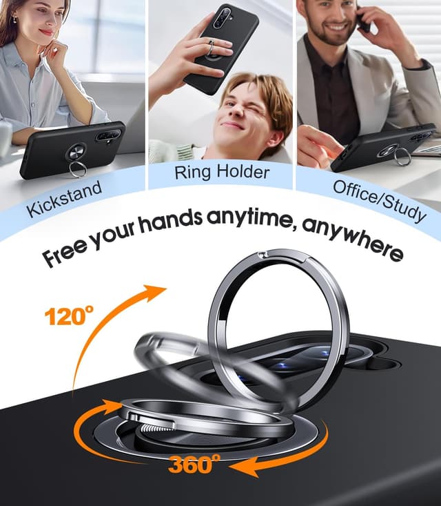 Detalle de AOUIA case for Samsung Galaxy A56 5G (Black) with 2-pack screen protectors and 360° ring kickstand