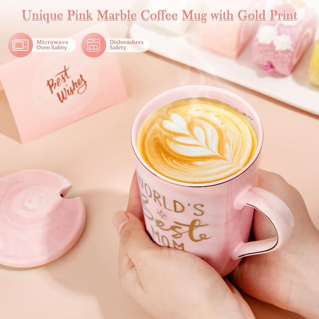 Detalle de Mothers Day Birthday Gifts for Mom from Daughter Son – 14oz Funny “World’s Best Mom” Mug Set in Pink Marble with Gold Print (Gift Boxed Set)