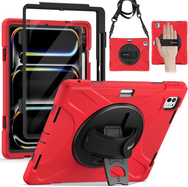 Detalle de Étui BRAECN avec coque de protection, support rotatif 360° et dragonne pour iPad Pro 12,9 pouces (6e/5e/4e/3e génération, 2022/2021/2020/2018) – Rouge
