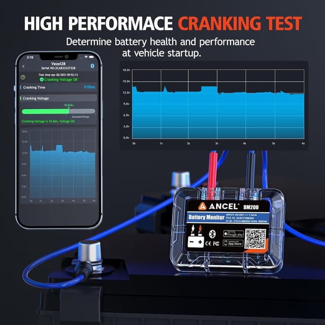 Detalle 2 de ANCEL BM200Blue Batterie- & Batteriewächter mit Bluetooth für 12V LiFePO4 sowie Blei-Säure (Start- und Ladesystem-Test)