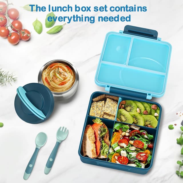 Detalle de Kids Bento Lunch Box Set with 8oz Soup Thermo, Leak-Proof 4-Compartment Containers & Insulated Lunch Bag (Blue)