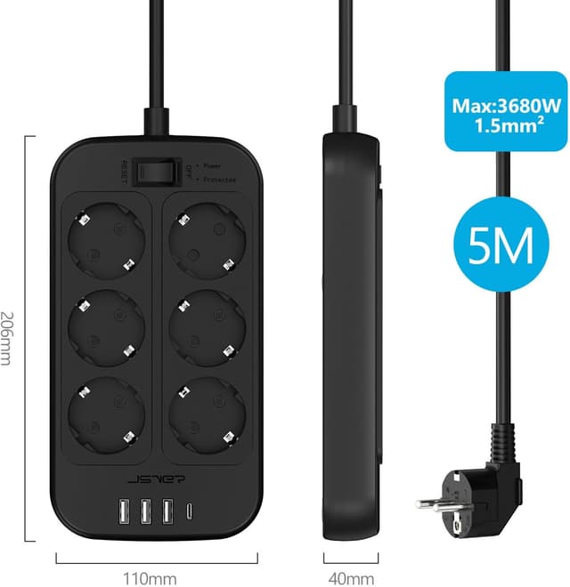 Detalle de Steckdosenleiste mit Überspannungsschutz, 6 Fach – JSVER Mehrfachsteckdose mit 3 USB-A & 1 USB-C (Schwarz)