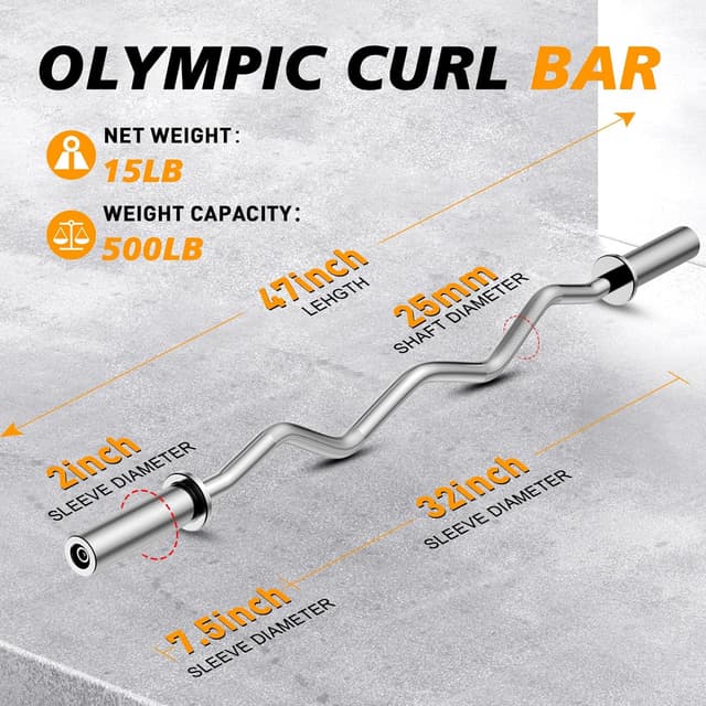 Detalle de LAVVON Olympic EZ Curl Barbell Bar 47in (2-inch) with Spring Collars – 500lb capacity chrome curl bar