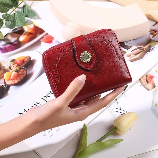 Detalle de SENDEFN RFID blocking leather small wallet for women with multiple card slots & zip coin compartment