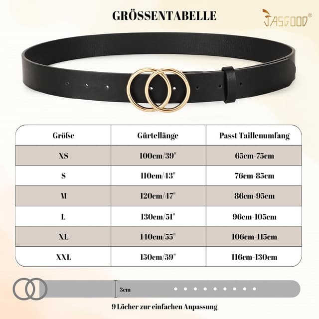 Detalle de JasGood Damen Ledergürtel mit Doppel-O-Ring Schnalle (Vintage) für Jeans, Hosen & Kleider