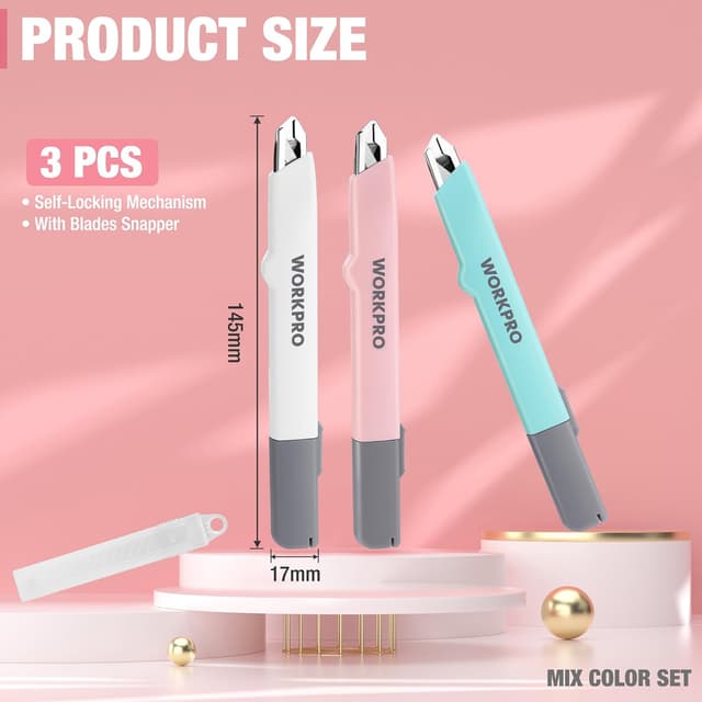 Detalle 2 de WORKPRO Taglierino cutter con lame da 9 mm (set da 3 colori, sicurezza e ricambi)