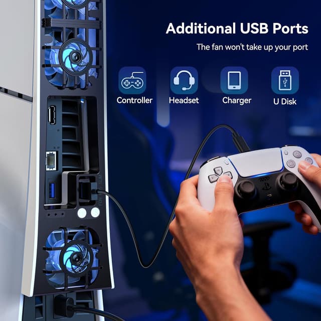 Detalle 2 de NEWDERY Cooling Fan for PS5 Slim Console – quiet temperature-adjustable fan with USB 3.0 pass-through and dynamic RGB
