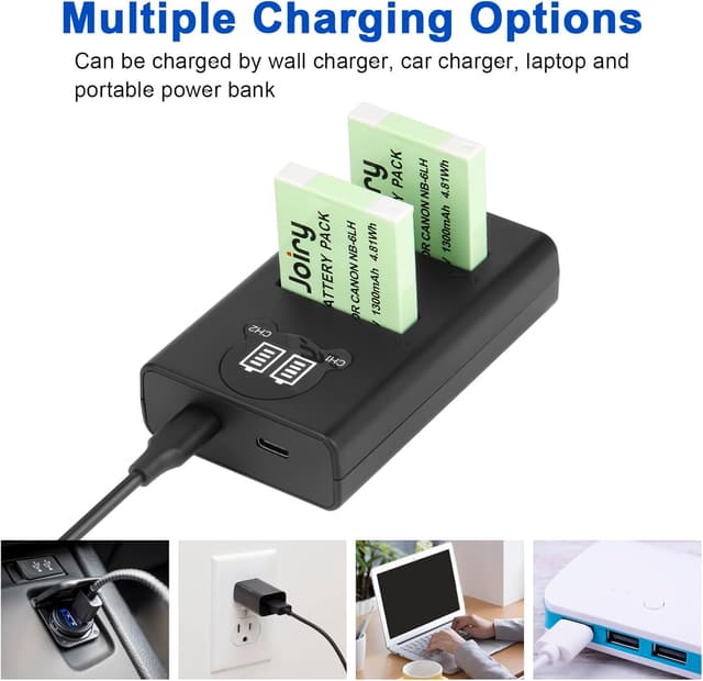 Detalle de Joiry 2X NB-6L / NB-6LH Replacement Batteries with Smart Dual USB Charger (Micro USB)