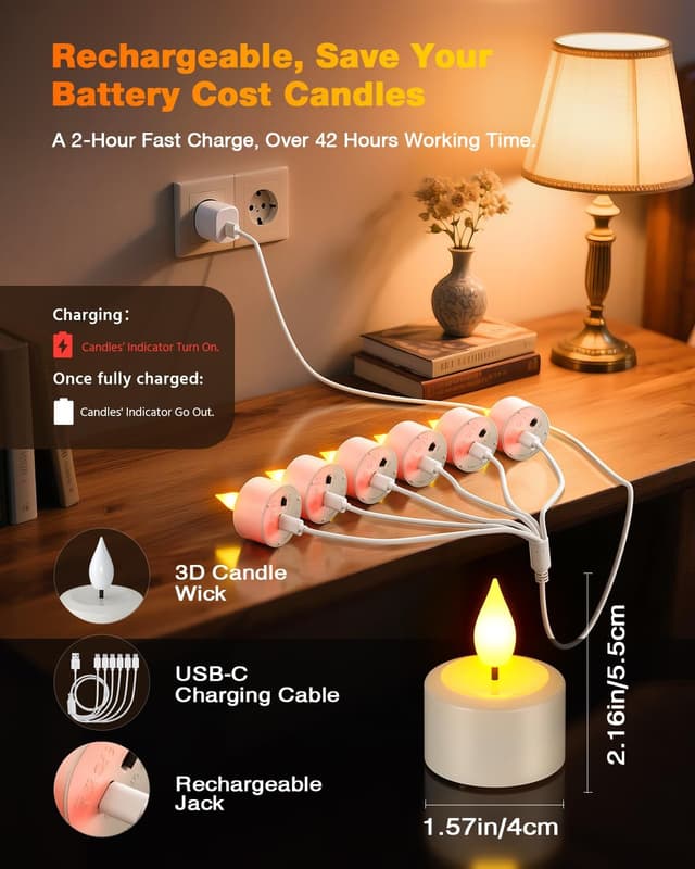 Detalle 2 de Lot de 12 bougies chauffe-plat LED rechargeables Yme avec télécommande