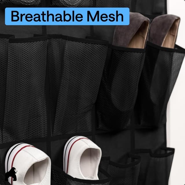 Detalle de Gorilla Grip over-the-door shoe organizer (24 mesh pockets) — up to 40 lb capacity, 2-pack, black
