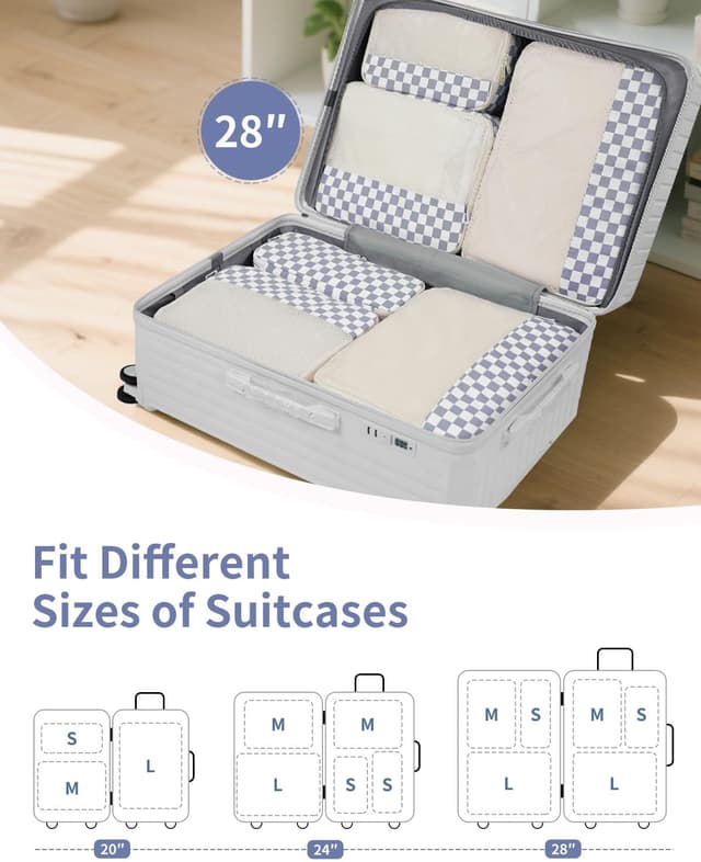 Detalle de Narwey 7-teilige Koffer-Organizer Set (Checker Graublau) für Handgepäck & Rucksack