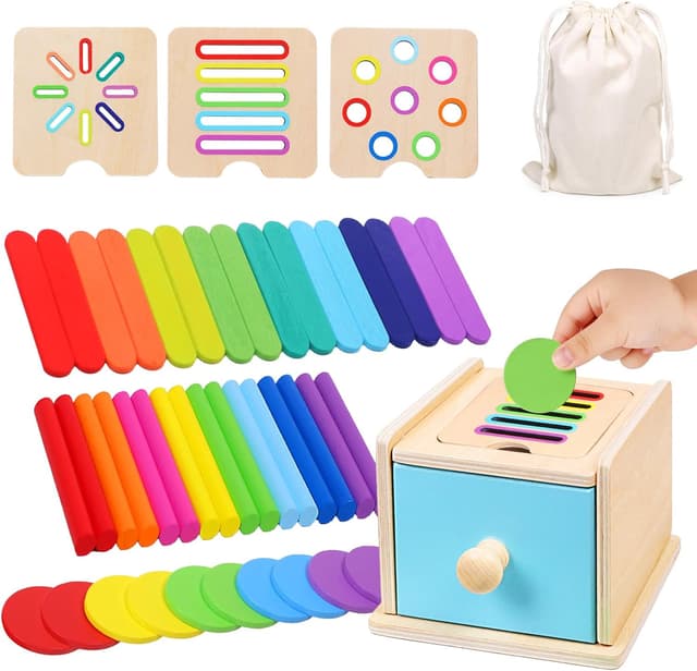 Detalle de wotoyd Montessori Coin Box Toy (1–3 years) wooden sorting, stacking and sensory learning box