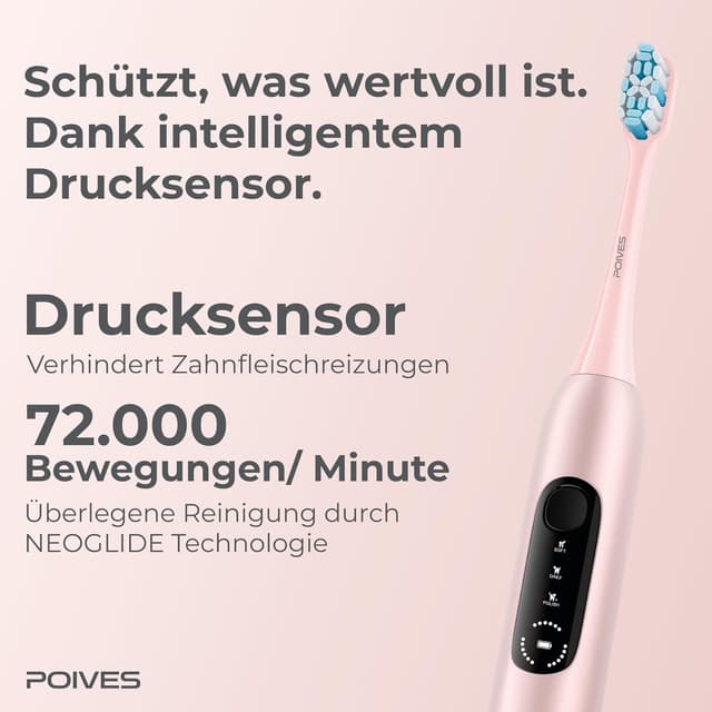 Detalle de POIVES P1 Pro Schallzahnbürste mit Drucksensor – Bestnote „sehr gut“, 4 Jahre Garantie