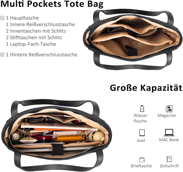 Detalle de befen Echtleder Handtasche Damen Groß Shopper mit 14-Zoll-Laptopfach (34 x 13 x 31 cm)