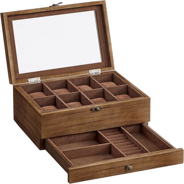 Detalle de SONGMICS JOW008K01 Rustic Walnut 8-Slot Watch Box with 2 Tiers and Glass Lid