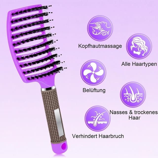 Detalle de Haarbürste ohne Ziepen – Wildschweinborsten Extensions-Bürste mit Aufhängeloch, lila