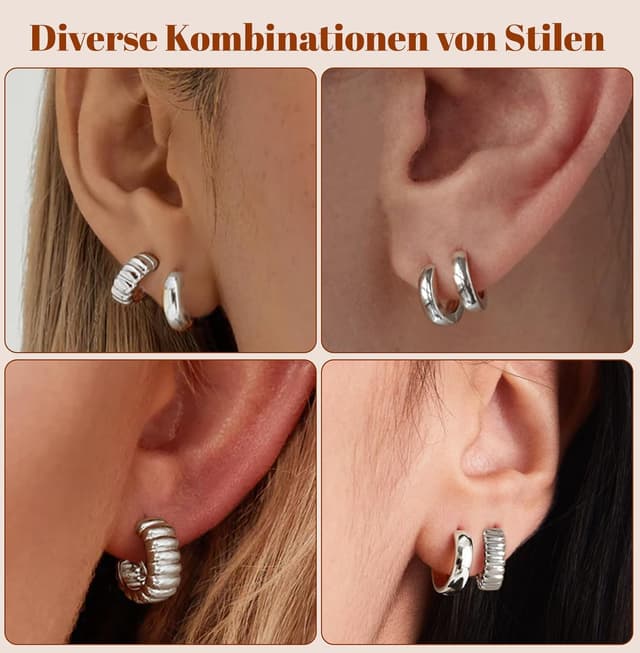 Detalle 2 de jagosen 3 Paar Creolen Silber 925 / Gold-Optik mit Zirkonia – Set für durchstochene Ohrläppchen