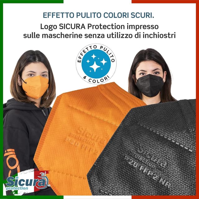 Detalle 2 de 48 Mascherine FFP2 certificate CE SICURA Protection (BFE ≥99%) in 6 colori, Made in Italy