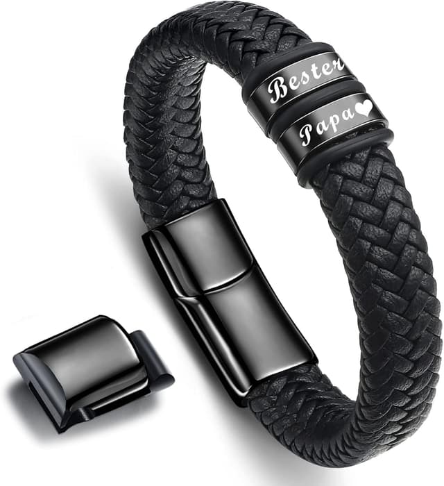 Detalle de Vatertagsgeschenk für Papa: Gkmamrg Lederarmband „Bester Papa“ mit Gravur, Edelstahl & Magnetverschluss