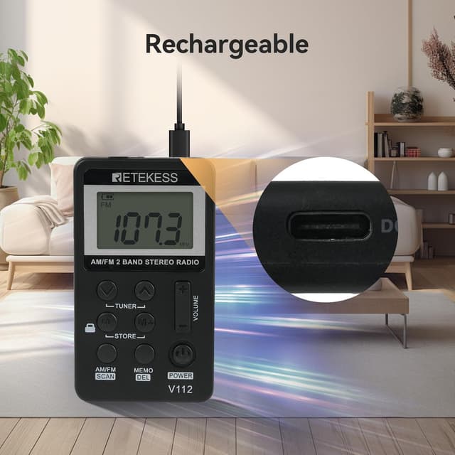 Detalle de Retekess V112 miniradio portatile ricaricabile con cuffie (AM/FM, Nero)